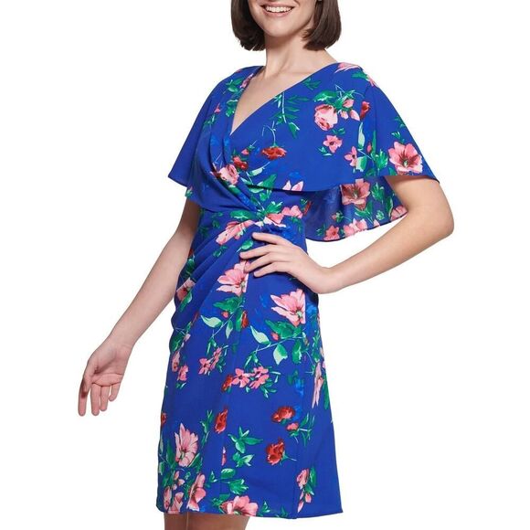 kensie Shift Dress Women's Plus 14 Blue Floral Short Sleeve Wrap Style NWT - Picture 10 of 11